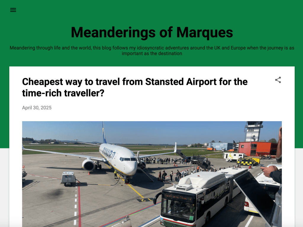 Screenshort of the Meanderings of Marques website showing the homepage with the title and subtitle, plus an article about travel from Stansted Airport, featuring an image of an airplane and bus.